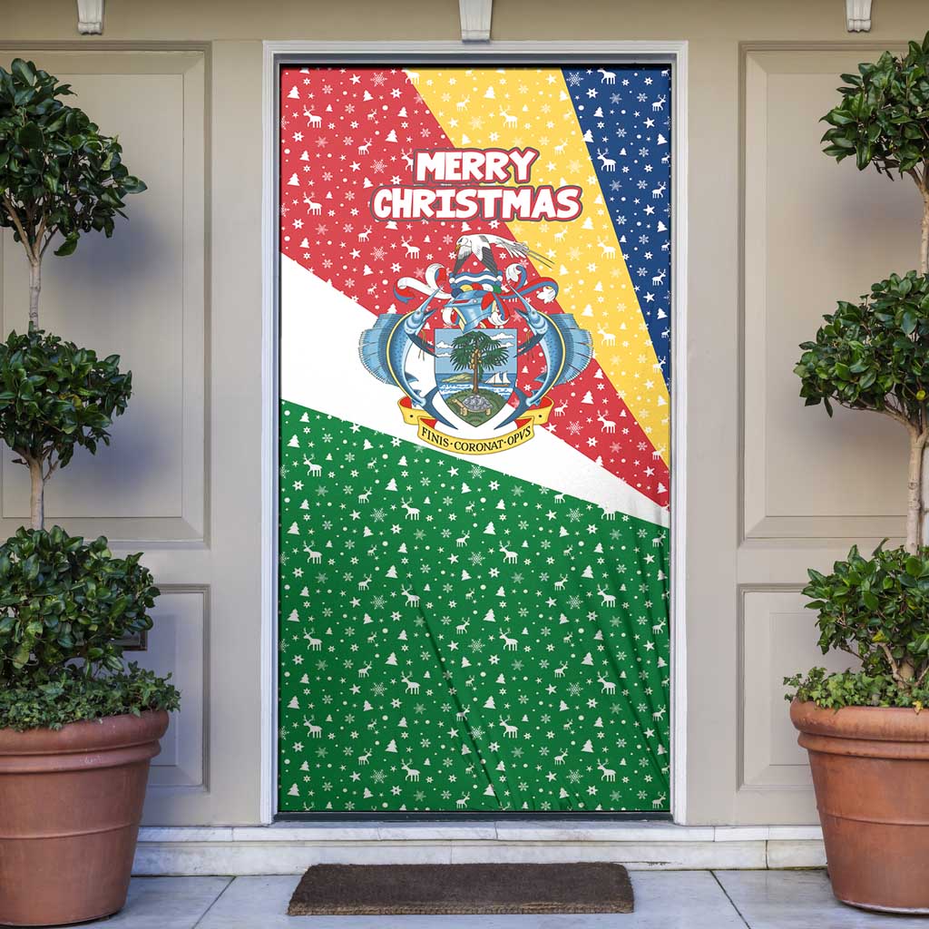 Seychelles Christmas Door Cover with Flag Colors Pattern, Tropical Bird Motif, and National Coat of Arms - Wonder Print Shop