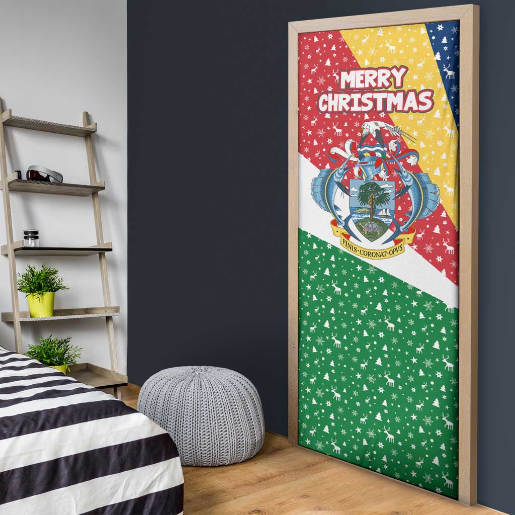 Seychelles Christmas Door Cover with Flag Colors Pattern, Tropical Bird Motif, and National Coat of Arms - Wonder Print Shop
