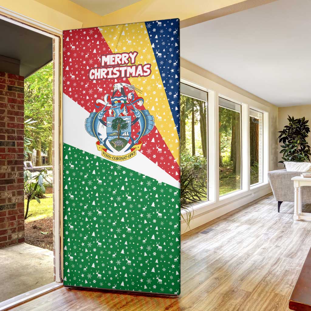 Seychelles Christmas Door Cover with Flag Colors Pattern, Tropical Bird Motif, and National Coat of Arms - Wonder Print Shop