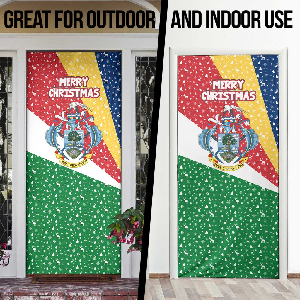 Seychelles Christmas Door Cover with Flag Colors Pattern, Tropical Bird Motif, and National Coat of Arms - Wonder Print Shop