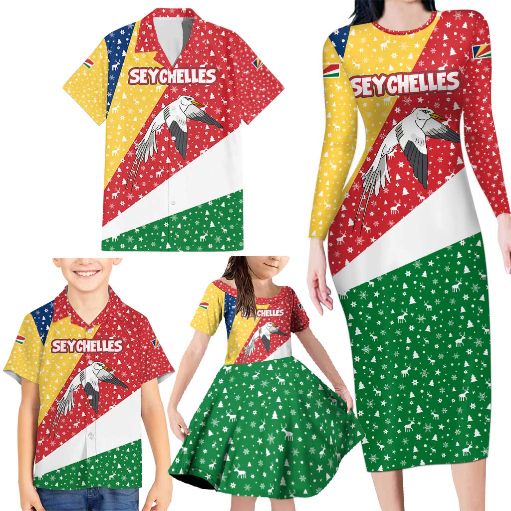 Seychelles Christmas Family Matching Long Sleeve Bodycon Dress and Hawaiian Shirt with Flag Colors Pattern, Tropical Bird Motif, and National Coat of Arms - Wonder Print Shop