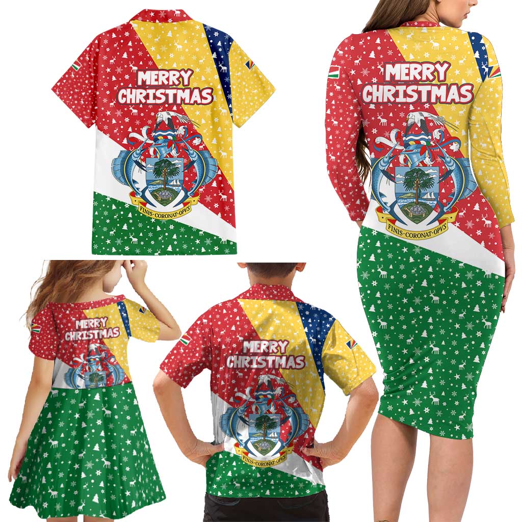 Seychelles Christmas Family Matching Long Sleeve Bodycon Dress and Hawaiian Shirt with Flag Colors Pattern, Tropical Bird Motif, and National Coat of Arms - Wonder Print Shop