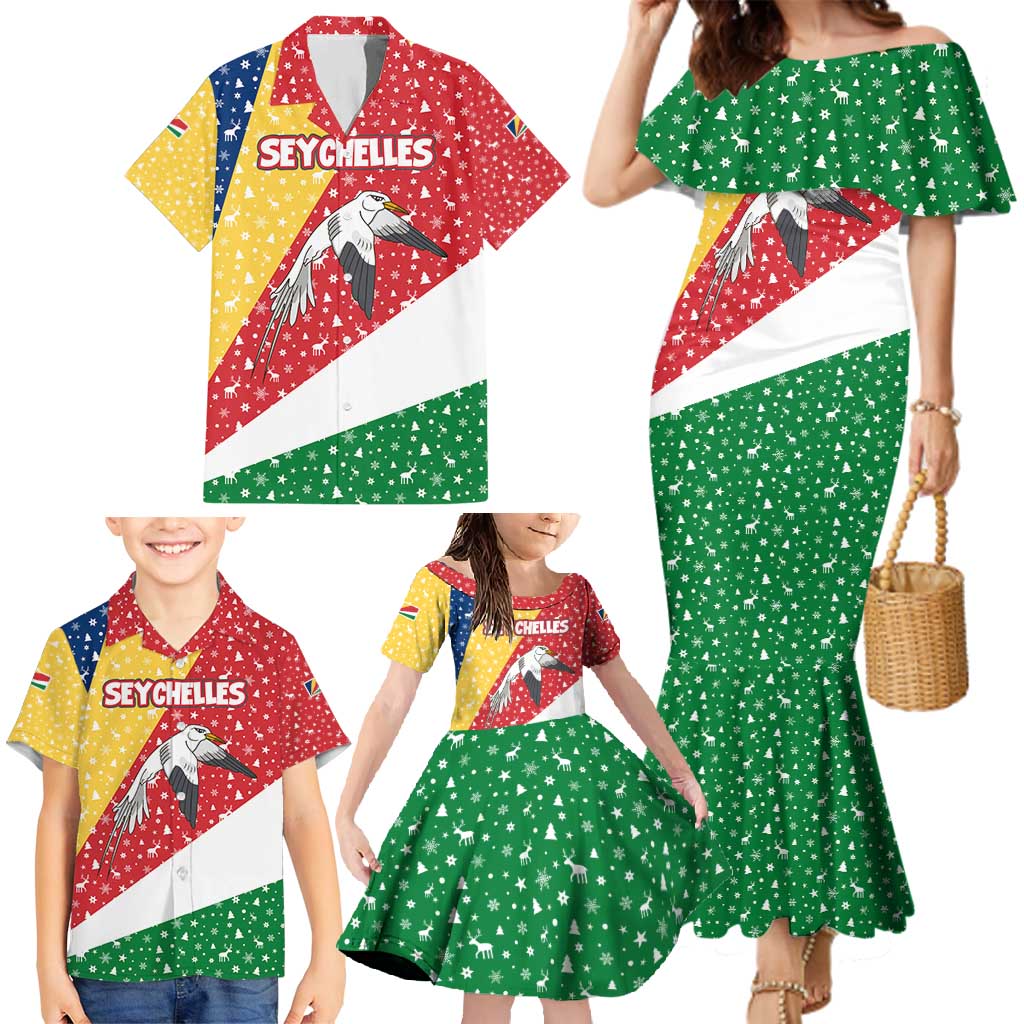 Seychelles Christmas Family Matching Mermaid Dress and Hawaiian Shirt with Flag Colors Pattern, Tropical Bird Motif, and National Coat of Arms - Wonder Print Shop