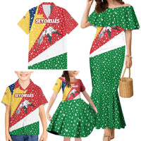 Seychelles Christmas Family Matching Mermaid Dress and Hawaiian Shirt with Flag Colors Pattern, Tropical Bird Motif, and National Coat of Arms - Wonder Print Shop