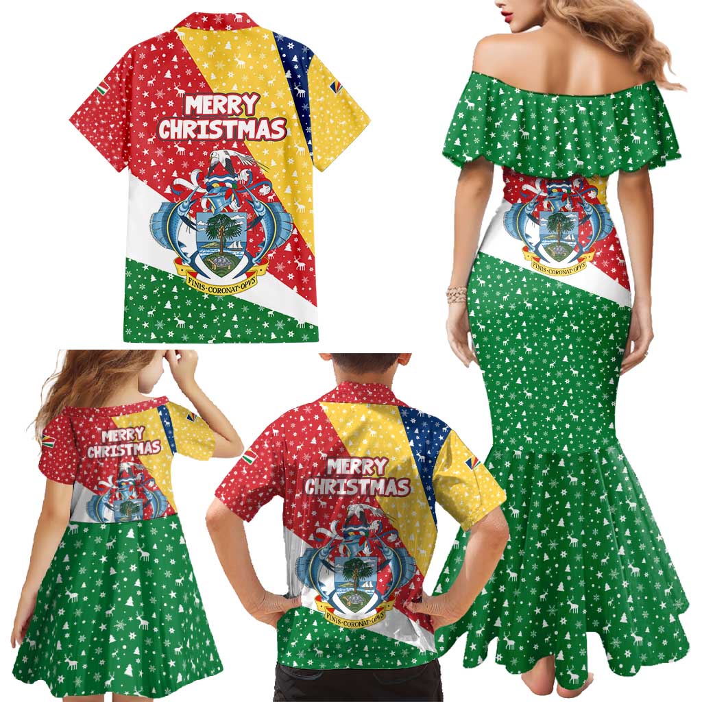 Seychelles Christmas Family Matching Mermaid Dress and Hawaiian Shirt with Flag Colors Pattern, Tropical Bird Motif, and National Coat of Arms - Wonder Print Shop
