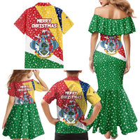 Seychelles Christmas Family Matching Mermaid Dress and Hawaiian Shirt with Flag Colors Pattern, Tropical Bird Motif, and National Coat of Arms - Wonder Print Shop