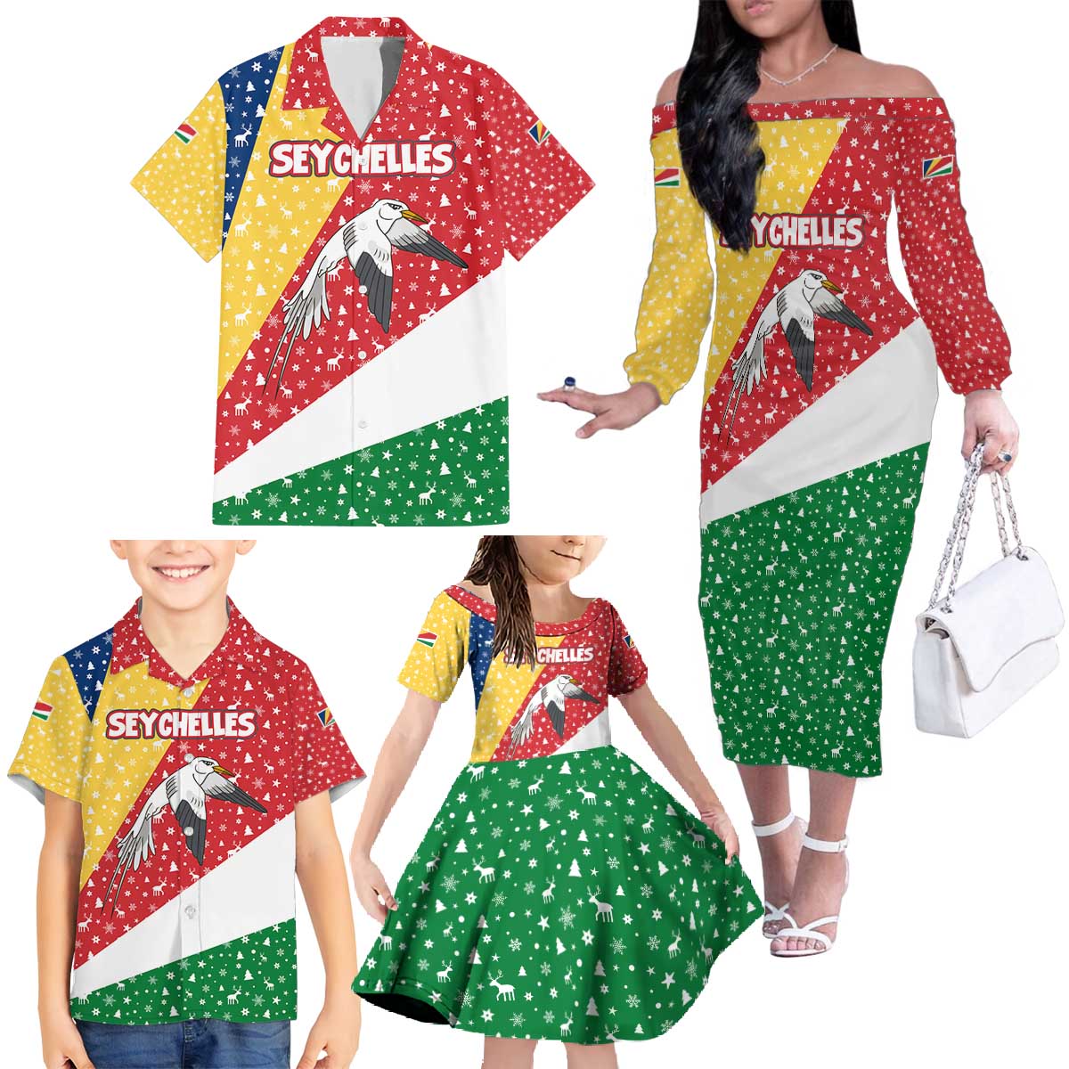 Seychelles Christmas Family Matching Off The Shoulder Long Sleeve Dress and Hawaiian Shirt with Flag Colors Pattern, Tropical Bird Motif, and National Coat of Arms - Wonder Print Shop