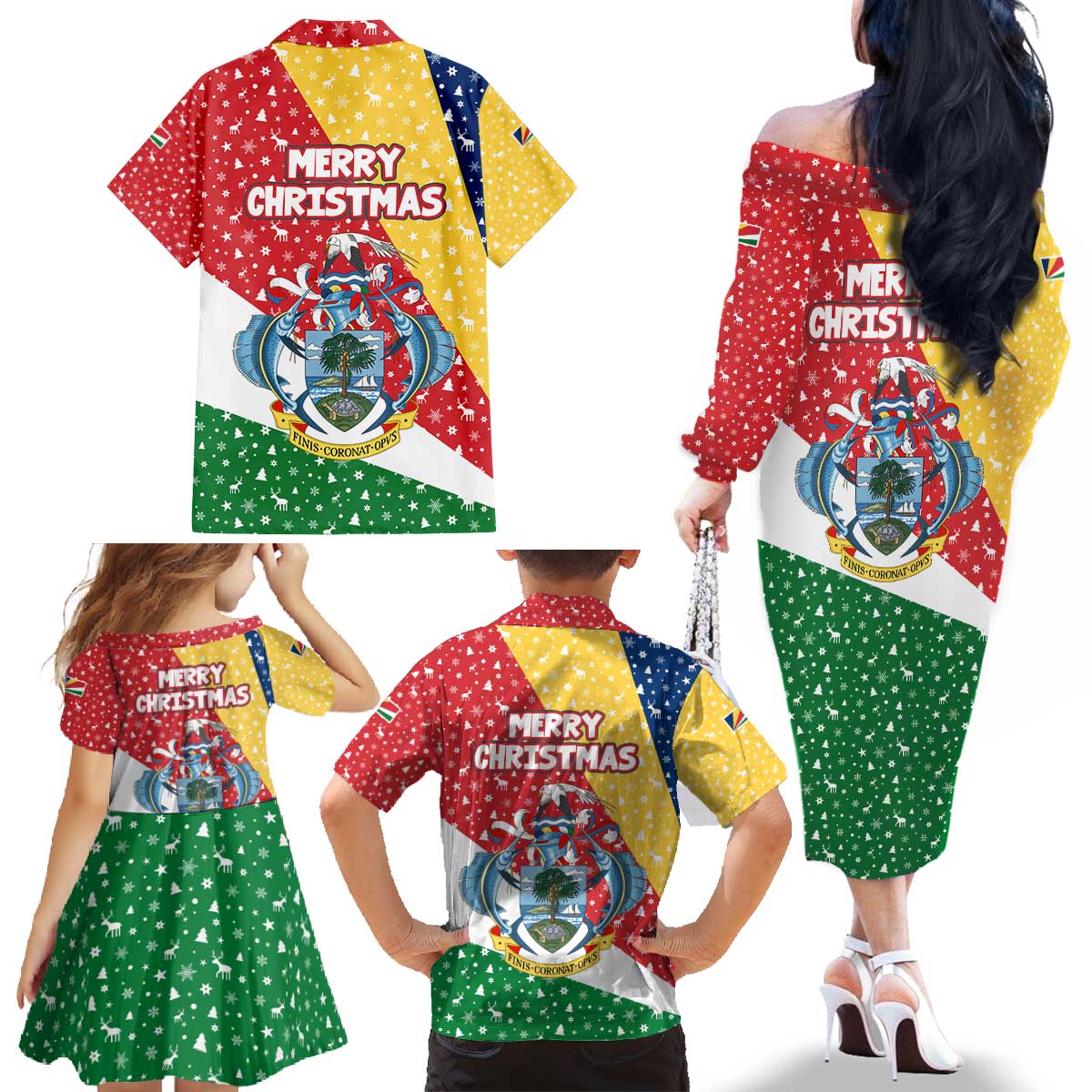 Seychelles Christmas Family Matching Off The Shoulder Long Sleeve Dress and Hawaiian Shirt with Flag Colors Pattern, Tropical Bird Motif, and National Coat of Arms - Wonder Print Shop