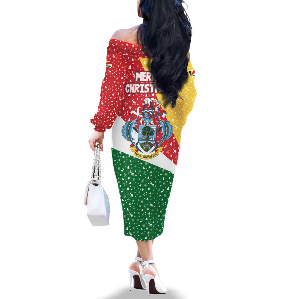 Seychelles Christmas Family Matching Off The Shoulder Long Sleeve Dress and Hawaiian Shirt with Flag Colors Pattern, Tropical Bird Motif, and National Coat of Arms - Wonder Print Shop