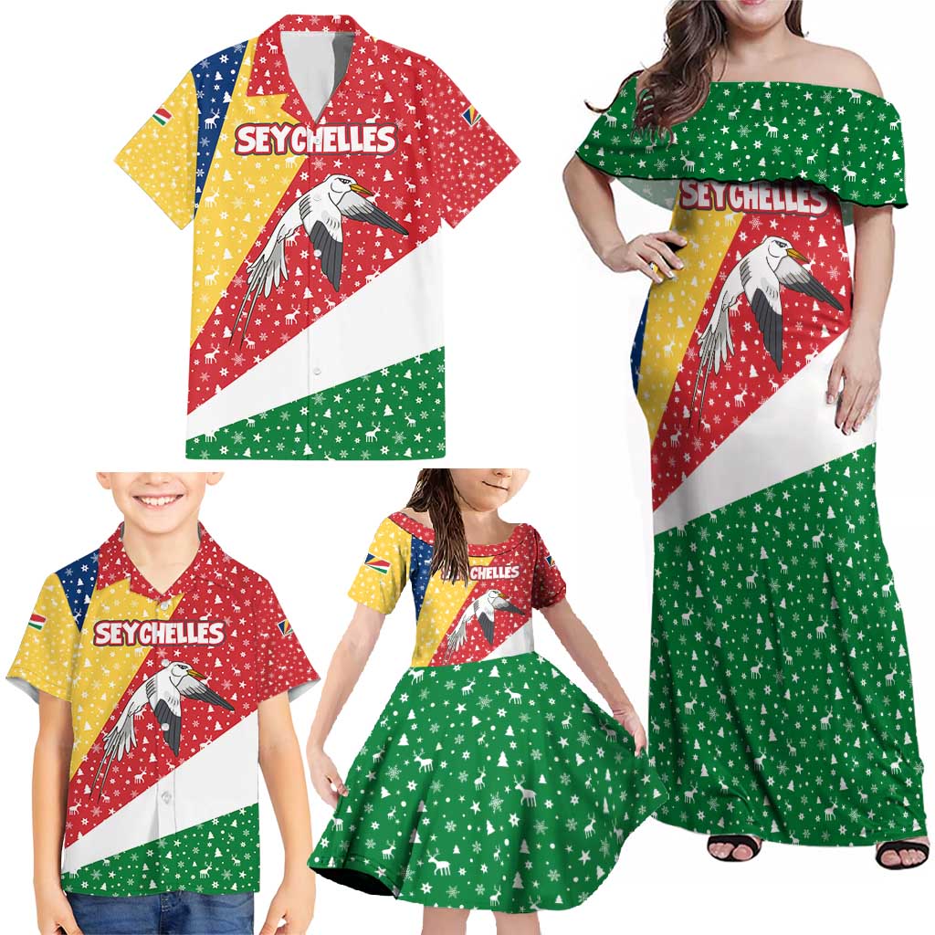 Seychelles Christmas Family Matching Off Shoulder Maxi Dress and Hawaiian Shirt with Flag Colors Pattern, Tropical Bird Motif, and National Coat of Arms - Wonder Print Shop