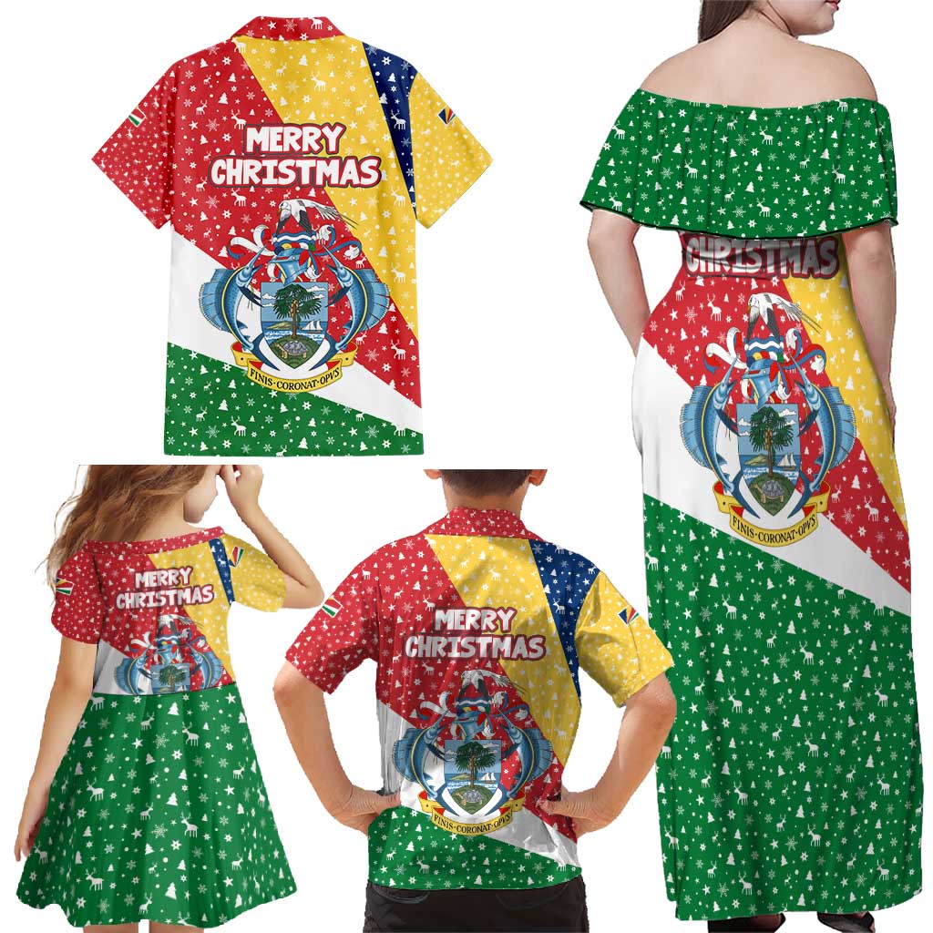 Seychelles Christmas Family Matching Off Shoulder Maxi Dress and Hawaiian Shirt with Flag Colors Pattern, Tropical Bird Motif, and National Coat of Arms - Wonder Print Shop