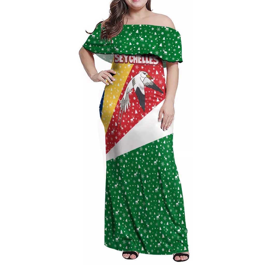 Seychelles Christmas Family Matching Off Shoulder Maxi Dress and Hawaiian Shirt with Flag Colors Pattern, Tropical Bird Motif, and National Coat of Arms - Wonder Print Shop