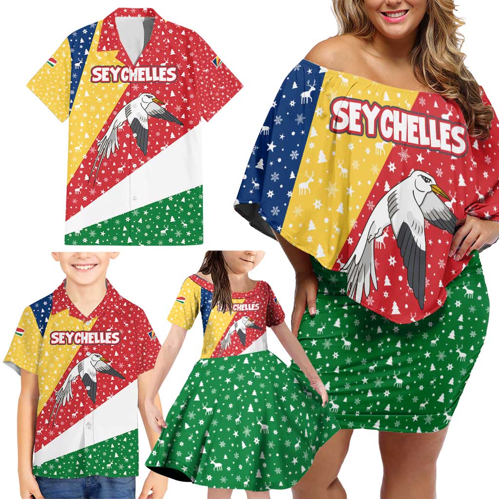 Seychelles Christmas Family Matching Off Shoulder Short Dress and Hawaiian Shirt with Flag Colors Pattern, Tropical Bird Motif, and National Coat of Arms - Wonder Print Shop