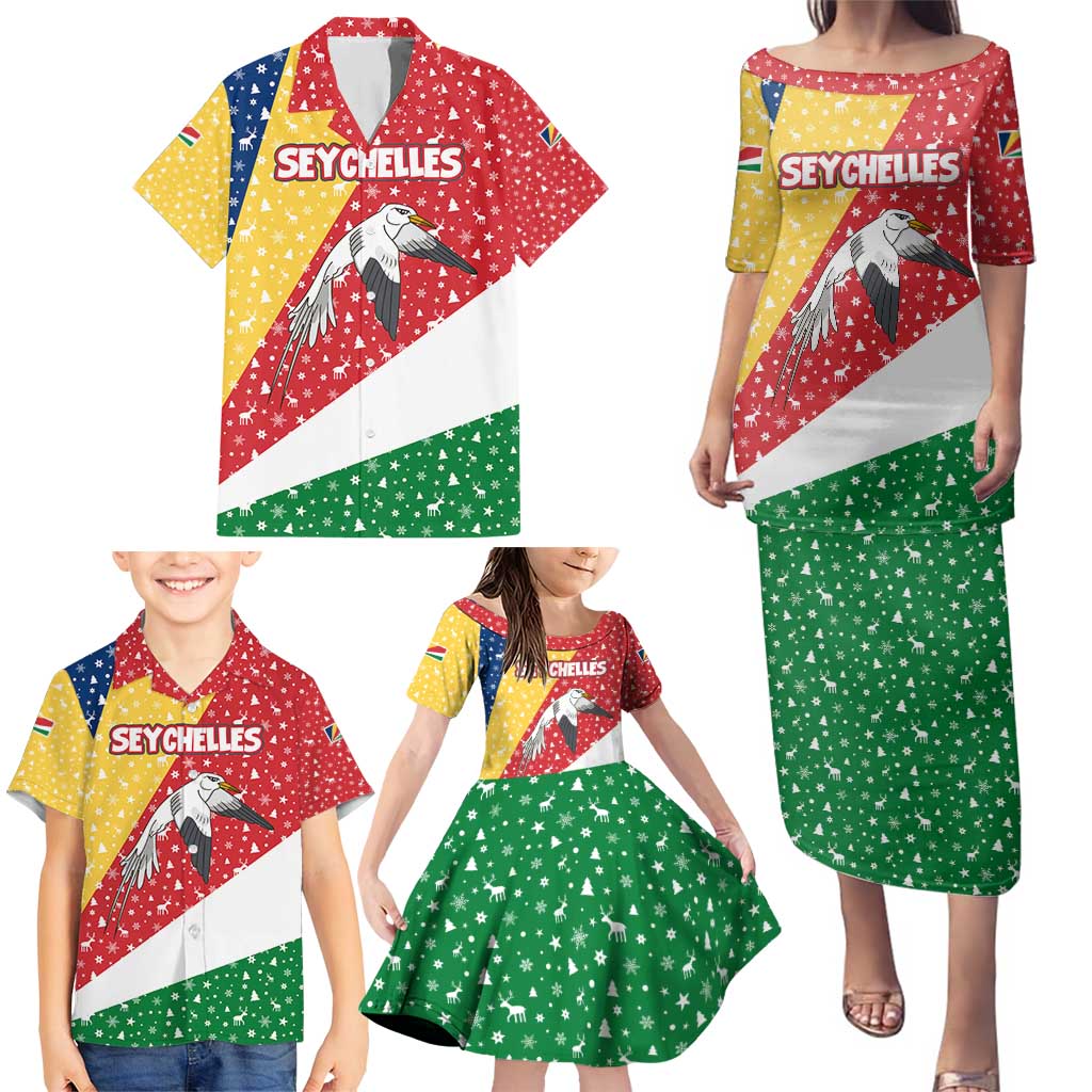 Seychelles Christmas Family Matching Puletasi and Hawaiian Shirt with Flag Colors Pattern, Tropical Bird Motif, and National Coat of Arms - Wonder Print Shop