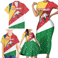 Seychelles Christmas Family Matching Short Sleeve Bodycon Dress and Hawaiian Shirt with Flag Colors Pattern, Tropical Bird Motif, and National Coat of Arms - Wonder Print Shop