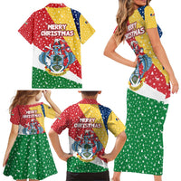 Seychelles Christmas Family Matching Short Sleeve Bodycon Dress and Hawaiian Shirt with Flag Colors Pattern, Tropical Bird Motif, and National Coat of Arms - Wonder Print Shop