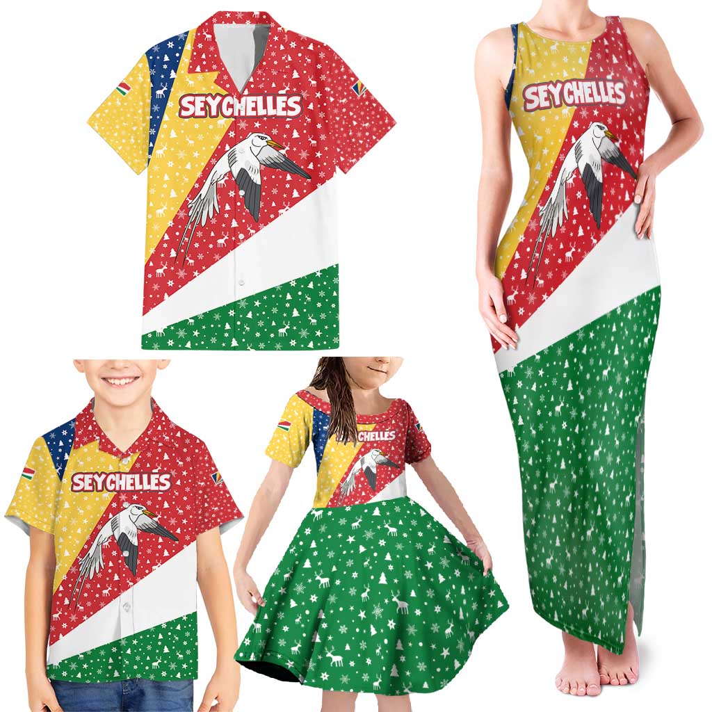 Seychelles Christmas Family Matching Tank Maxi Dress and Hawaiian Shirt with Flag Colors Pattern, Tropical Bird Motif, and National Coat of Arms - Wonder Print Shop