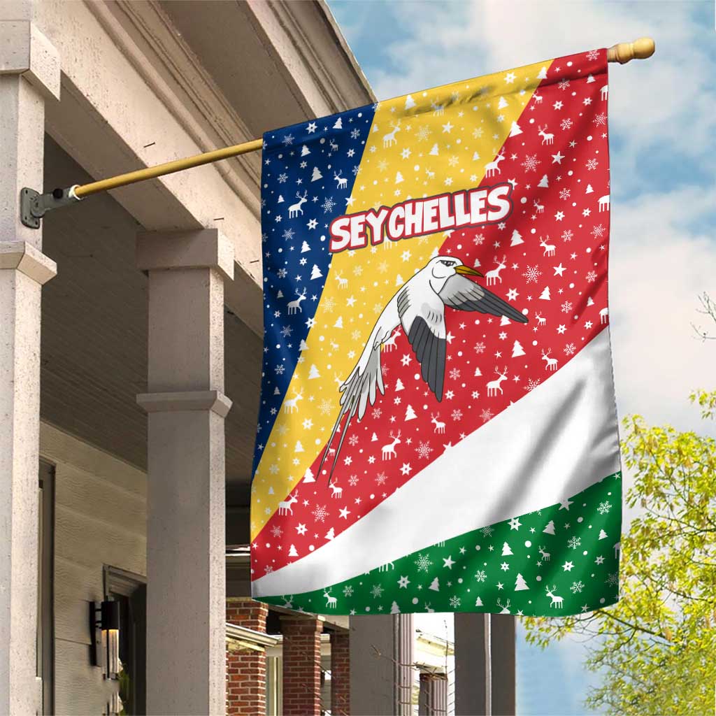 Seychelles Christmas Garden Flag with Flag Colors Pattern, Tropical Bird Motif, and National Coat of Arms - Wonder Print Shop