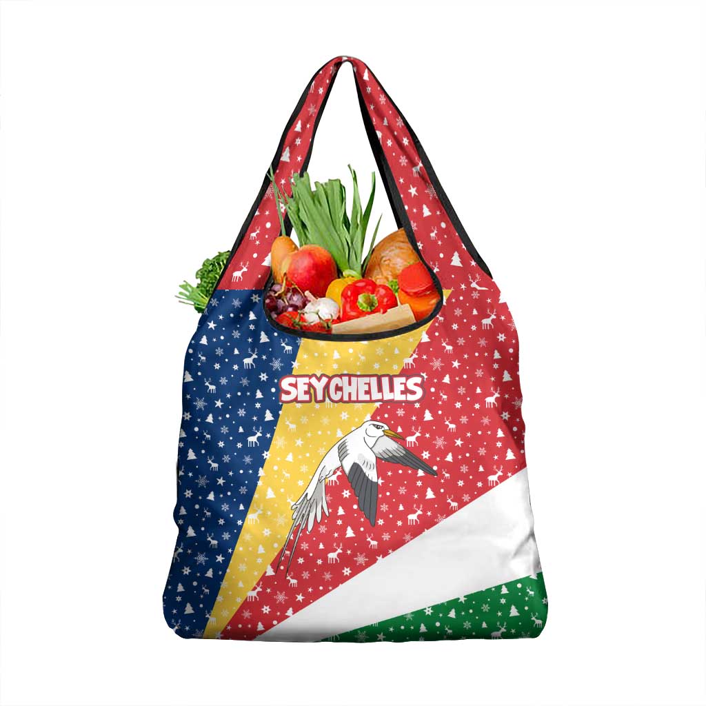 Seychelles Christmas Grocery Bag with Flag Colors Pattern, Tropical Bird Motif, and National Coat of Arms - Wonder Print Shop