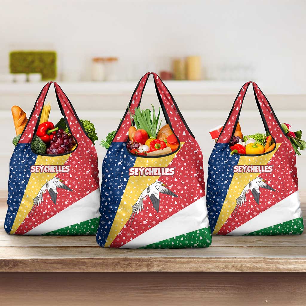 Seychelles Christmas Grocery Bag with Flag Colors Pattern, Tropical Bird Motif, and National Coat of Arms - Wonder Print Shop