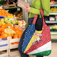 Seychelles Christmas Grocery Bag with Flag Colors Pattern, Tropical Bird Motif, and National Coat of Arms - Wonder Print Shop