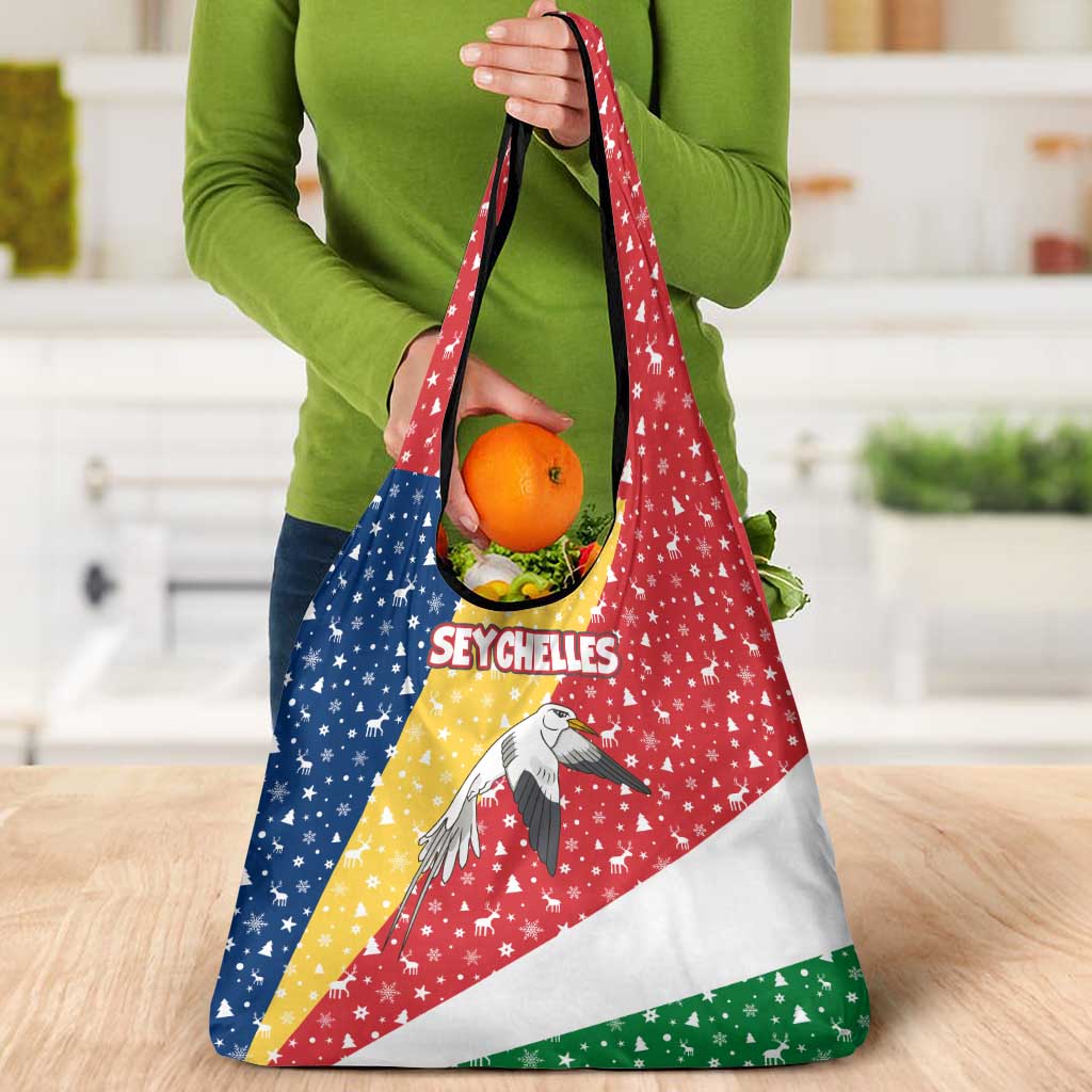 Seychelles Christmas Grocery Bag with Flag Colors Pattern, Tropical Bird Motif, and National Coat of Arms - Wonder Print Shop