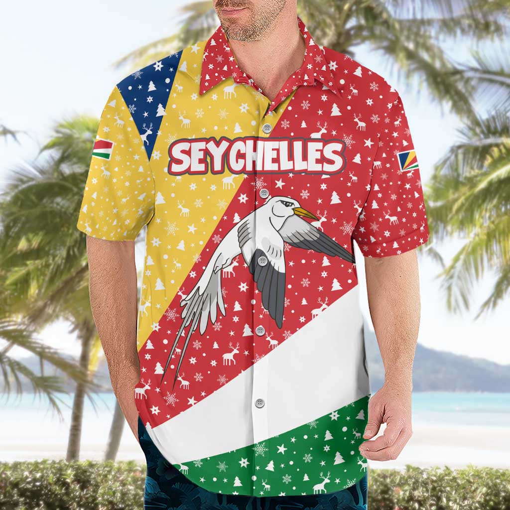 Seychelles Christmas Hawaiian Shirt with Flag Colors Pattern, Tropical Bird Motif, and National Coat of Arms - Wonder Print Shop