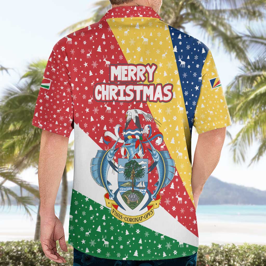 Seychelles Christmas Hawaiian Shirt with Flag Colors Pattern, Tropical Bird Motif, and National Coat of Arms - Wonder Print Shop