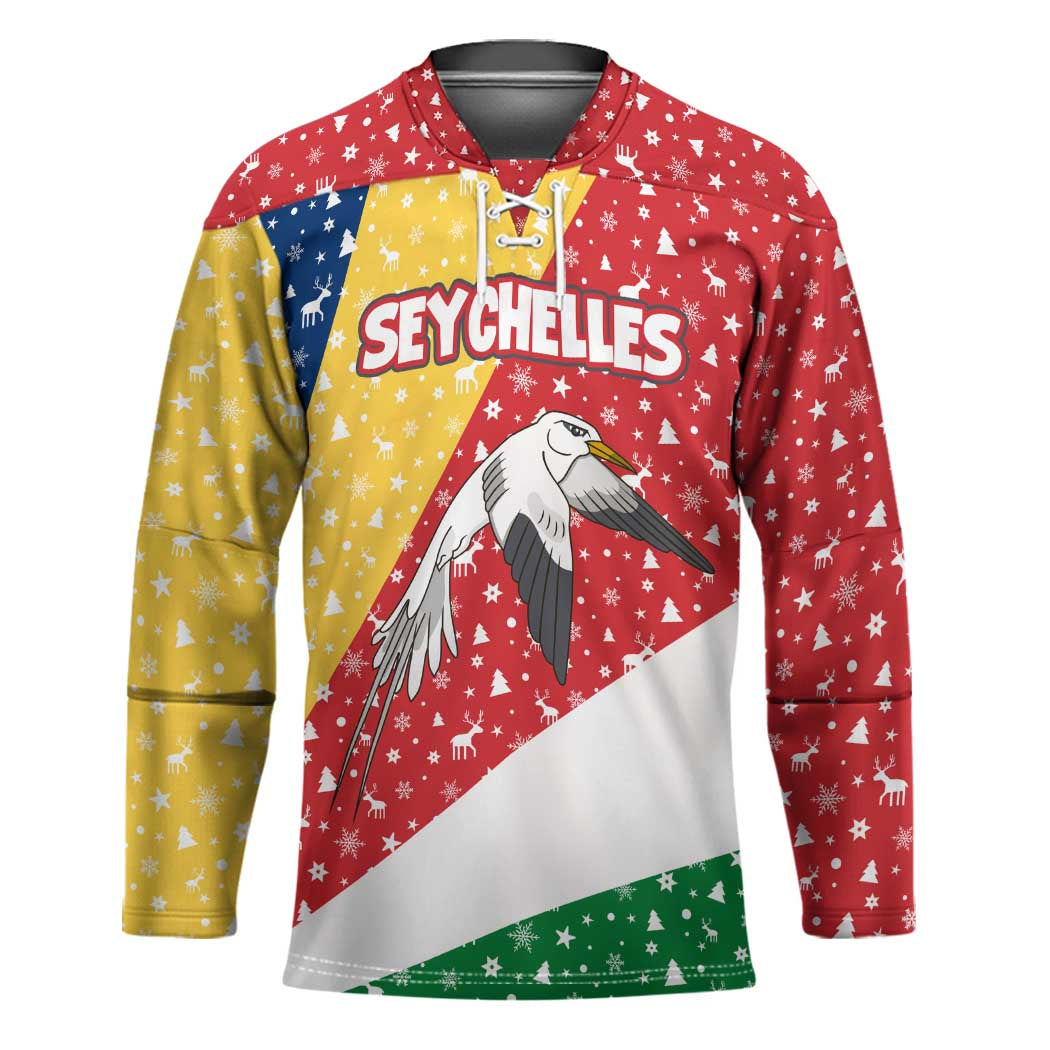 Seychelles Christmas Hockey Jersey with Flag Colors Pattern, Tropical Bird Motif, and National Coat of Arms - Wonder Print Shop