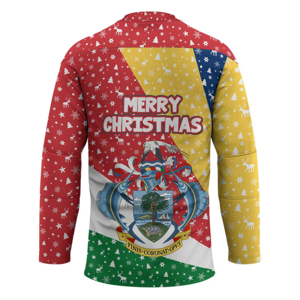 Seychelles Christmas Hockey Jersey with Flag Colors Pattern, Tropical Bird Motif, and National Coat of Arms - Wonder Print Shop