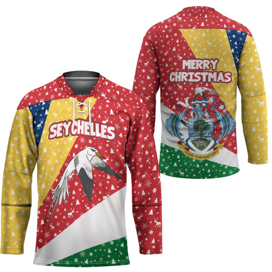 Seychelles Christmas Hockey Jersey with Flag Colors Pattern, Tropical Bird Motif, and National Coat of Arms - Wonder Print Shop