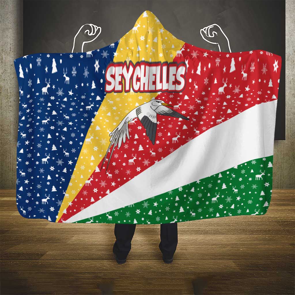 Seychelles Christmas Hooded Blanket with Flag Colors Pattern, Tropical Bird Motif, and National Coat of Arms - Wonder Print Shop