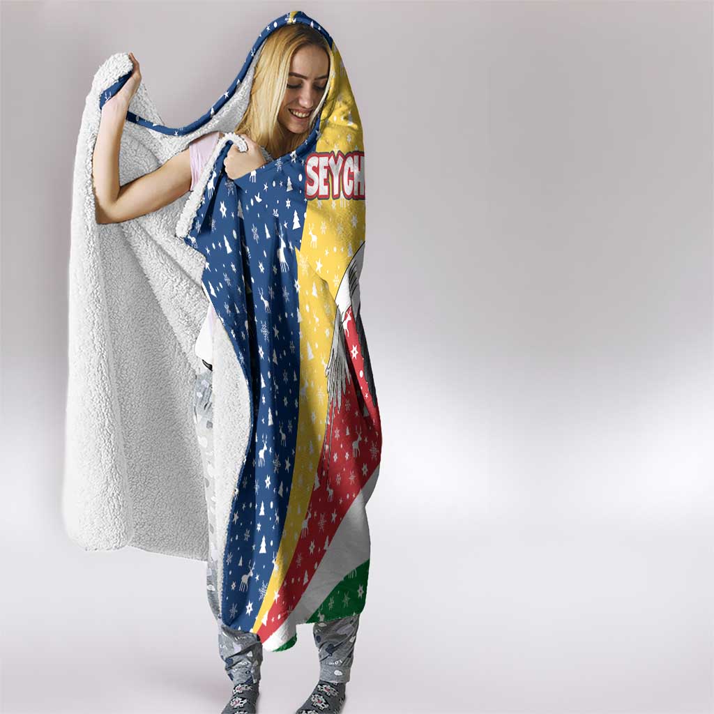 Seychelles Christmas Hooded Blanket with Flag Colors Pattern, Tropical Bird Motif, and National Coat of Arms - Wonder Print Shop