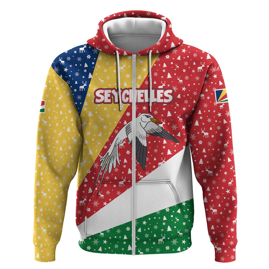 Seychelles Christmas Hoodie with Flag Colors Pattern, Tropical Bird Motif, and National Coat of Arms - Wonder Print Shop