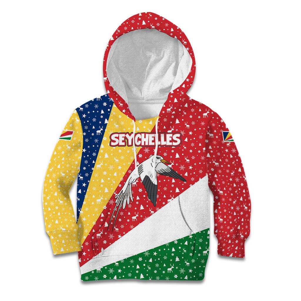 Seychelles Christmas Kid Hoodie with Flag Colors Pattern, Tropical Bird Motif, and National Coat of Arms - Wonder Print Shop
