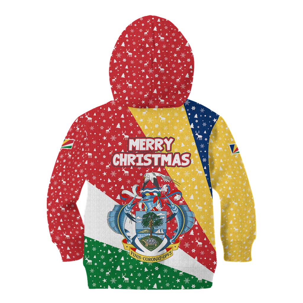 Seychelles Christmas Kid Hoodie with Flag Colors Pattern, Tropical Bird Motif, and National Coat of Arms - Wonder Print Shop