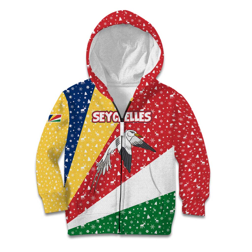 Seychelles Christmas Kid Hoodie with Flag Colors Pattern, Tropical Bird Motif, and National Coat of Arms - Wonder Print Shop