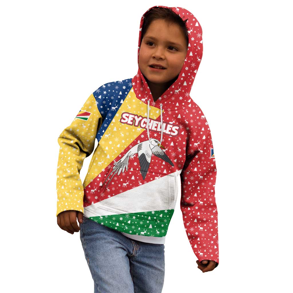 Seychelles Christmas Kid Hoodie with Flag Colors Pattern, Tropical Bird Motif, and National Coat of Arms - Wonder Print Shop