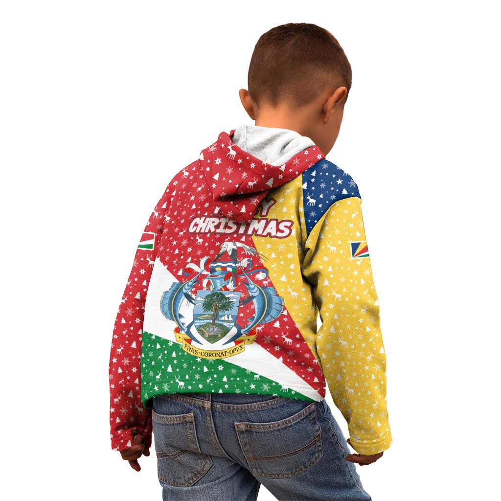 Seychelles Christmas Kid Hoodie with Flag Colors Pattern, Tropical Bird Motif, and National Coat of Arms - Wonder Print Shop