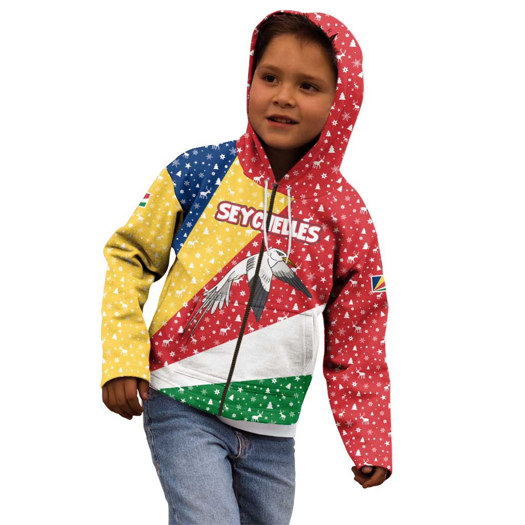 Seychelles Christmas Kid Hoodie with Flag Colors Pattern, Tropical Bird Motif, and National Coat of Arms - Wonder Print Shop