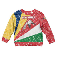 Seychelles Christmas Kid Ugly Christmas Sweater with Flag Colors Pattern, Tropical Bird Motif, and National Coat of Arms - Wonder Print Shop