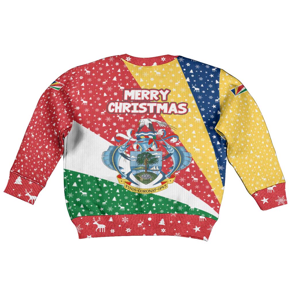 Seychelles Christmas Kid Ugly Christmas Sweater with Flag Colors Pattern, Tropical Bird Motif, and National Coat of Arms - Wonder Print Shop