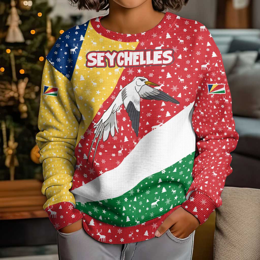 Seychelles Christmas Kid Ugly Christmas Sweater with Flag Colors Pattern, Tropical Bird Motif, and National Coat of Arms - Wonder Print Shop
