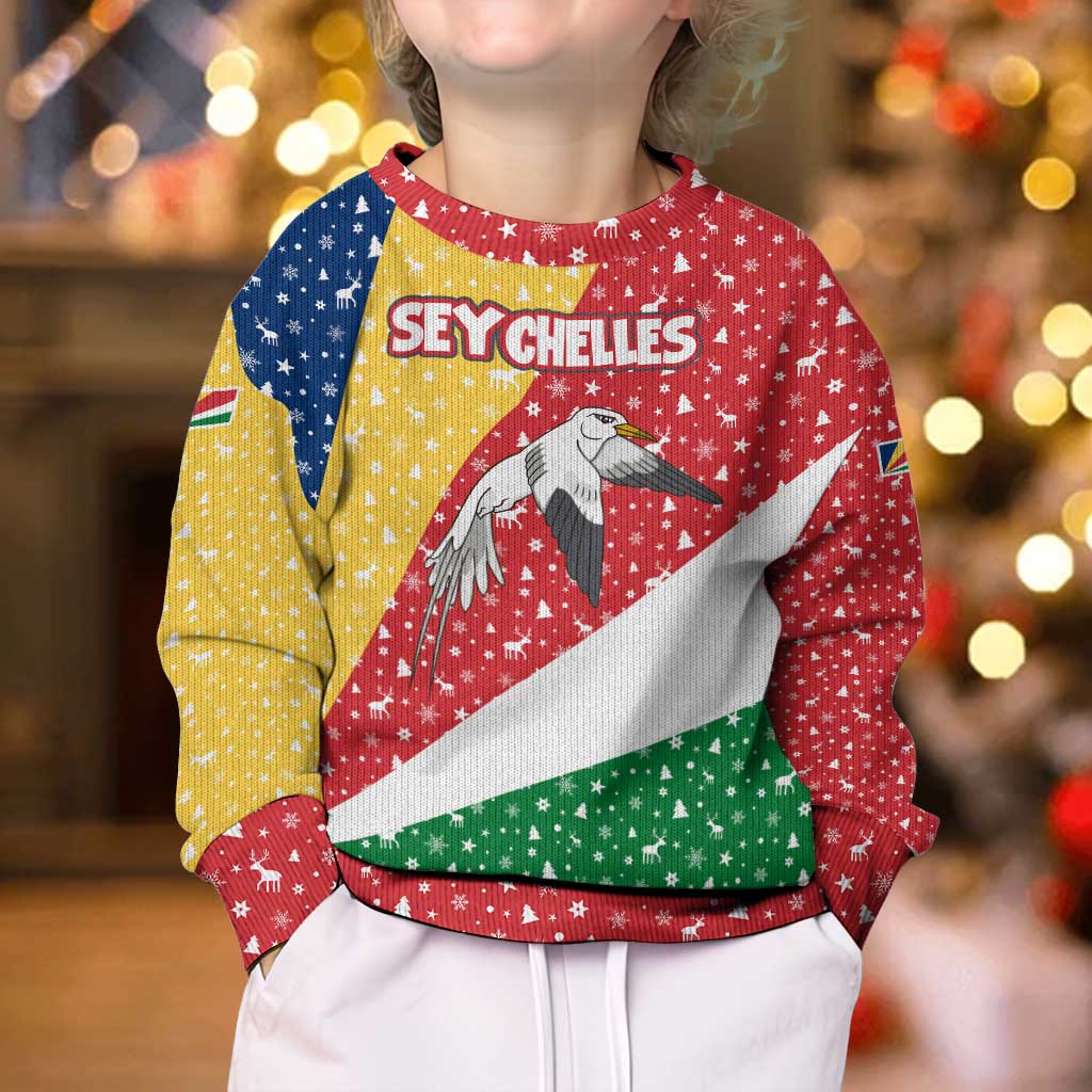Seychelles Christmas Kid Ugly Christmas Sweater with Flag Colors Pattern, Tropical Bird Motif, and National Coat of Arms - Wonder Print Shop