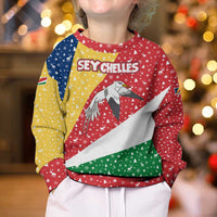 Seychelles Christmas Kid Ugly Christmas Sweater with Flag Colors Pattern, Tropical Bird Motif, and National Coat of Arms - Wonder Print Shop