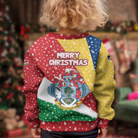 Seychelles Christmas Kid Ugly Christmas Sweater with Flag Colors Pattern, Tropical Bird Motif, and National Coat of Arms - Wonder Print Shop