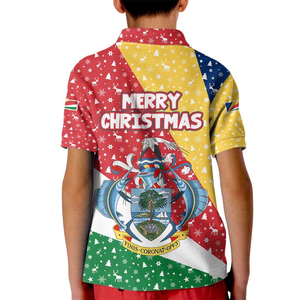 Seychelles Christmas Kid Polo Shirt with Flag Colors Pattern, Tropical Bird Motif, and National Coat of Arms - Wonder Print Shop