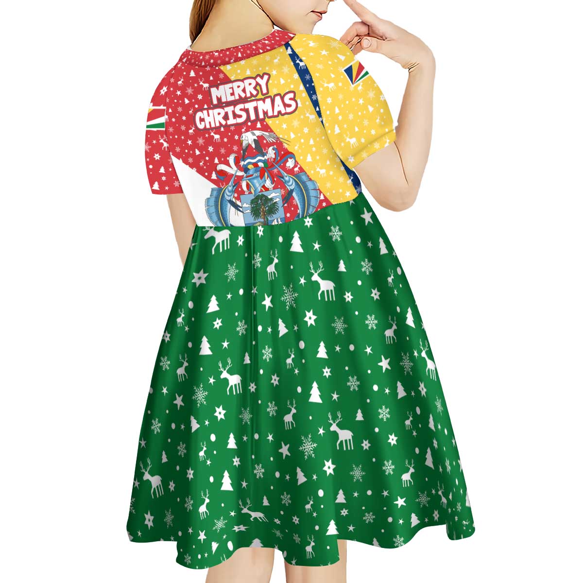 Seychelles Christmas Kid Short Sleeve Dress with Flag Colors Pattern, Tropical Bird Motif, and National Coat of Arms - Wonder Print Shop
