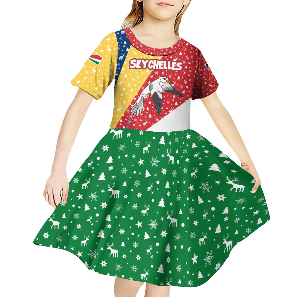 Seychelles Christmas Kid Short Sleeve Dress with Flag Colors Pattern, Tropical Bird Motif, and National Coat of Arms - Wonder Print Shop