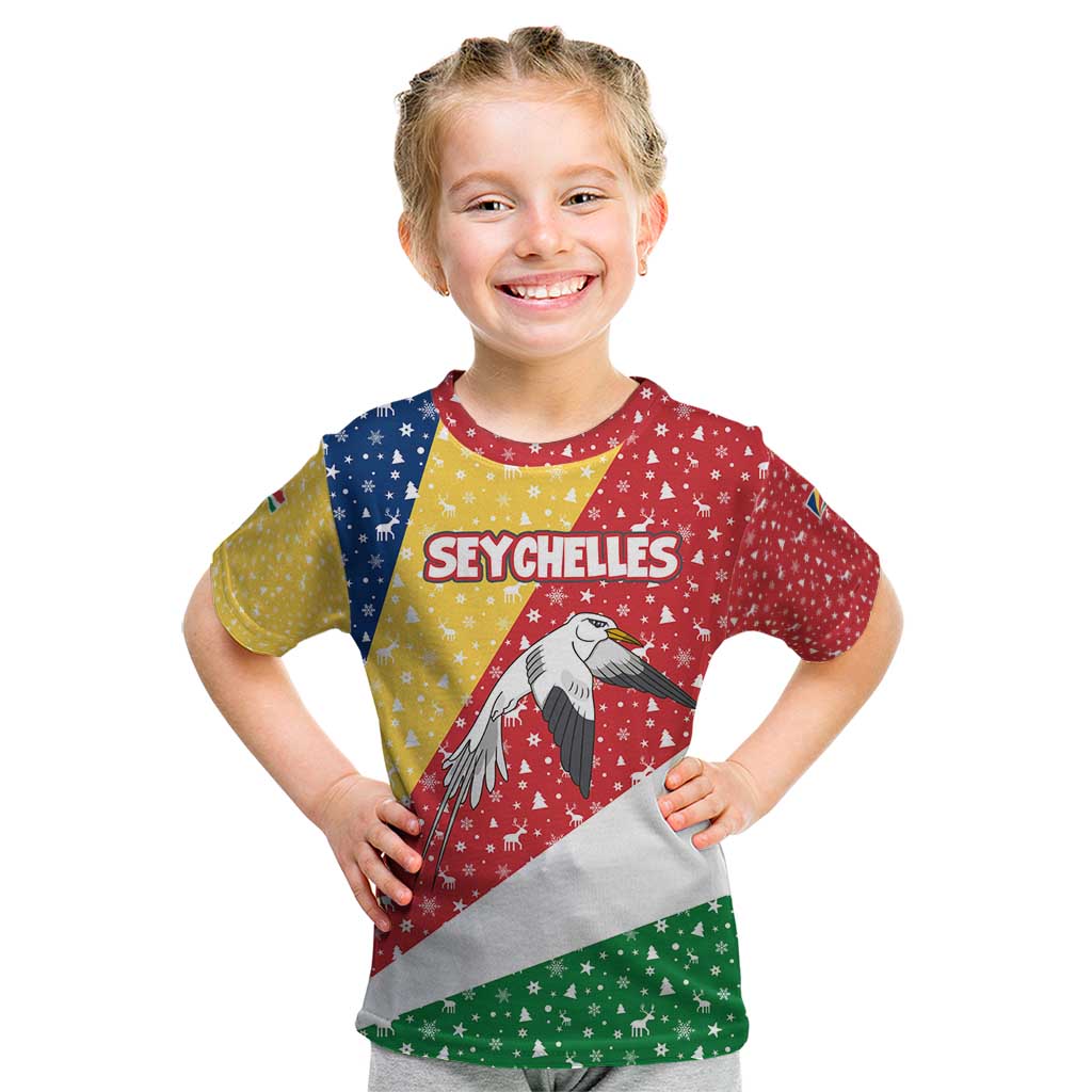 Seychelles Christmas Kid T Shirt with Flag Colors Pattern, Tropical Bird Motif, and National Coat of Arms - Wonder Print Shop